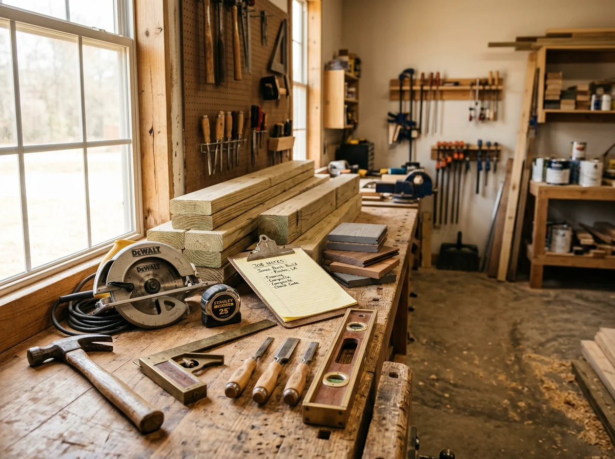 Professional carpentry tools and materials arranged on a work surface, ready for home repair projects.