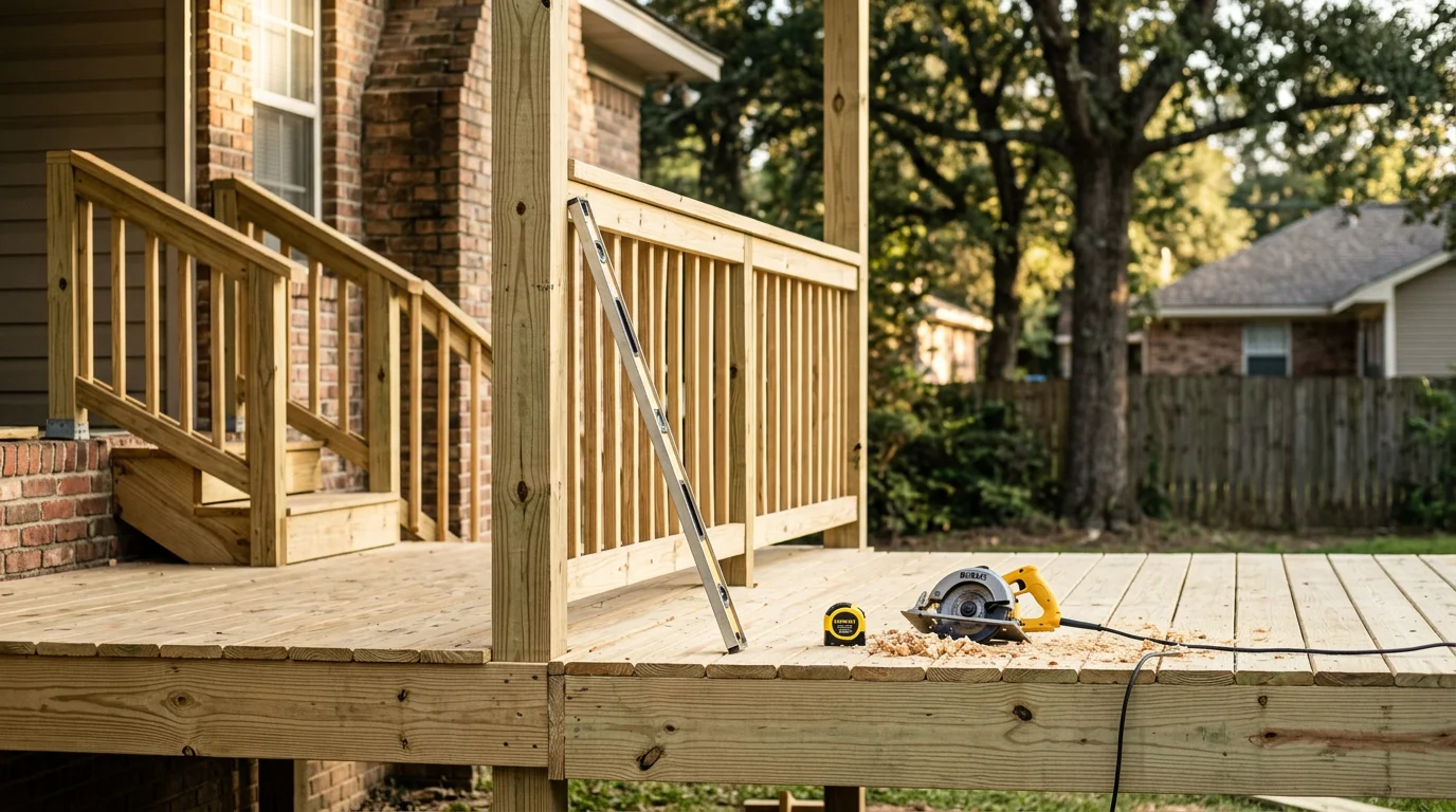 Carpenter working on custom wood framing and finish carpentry in a residential home.