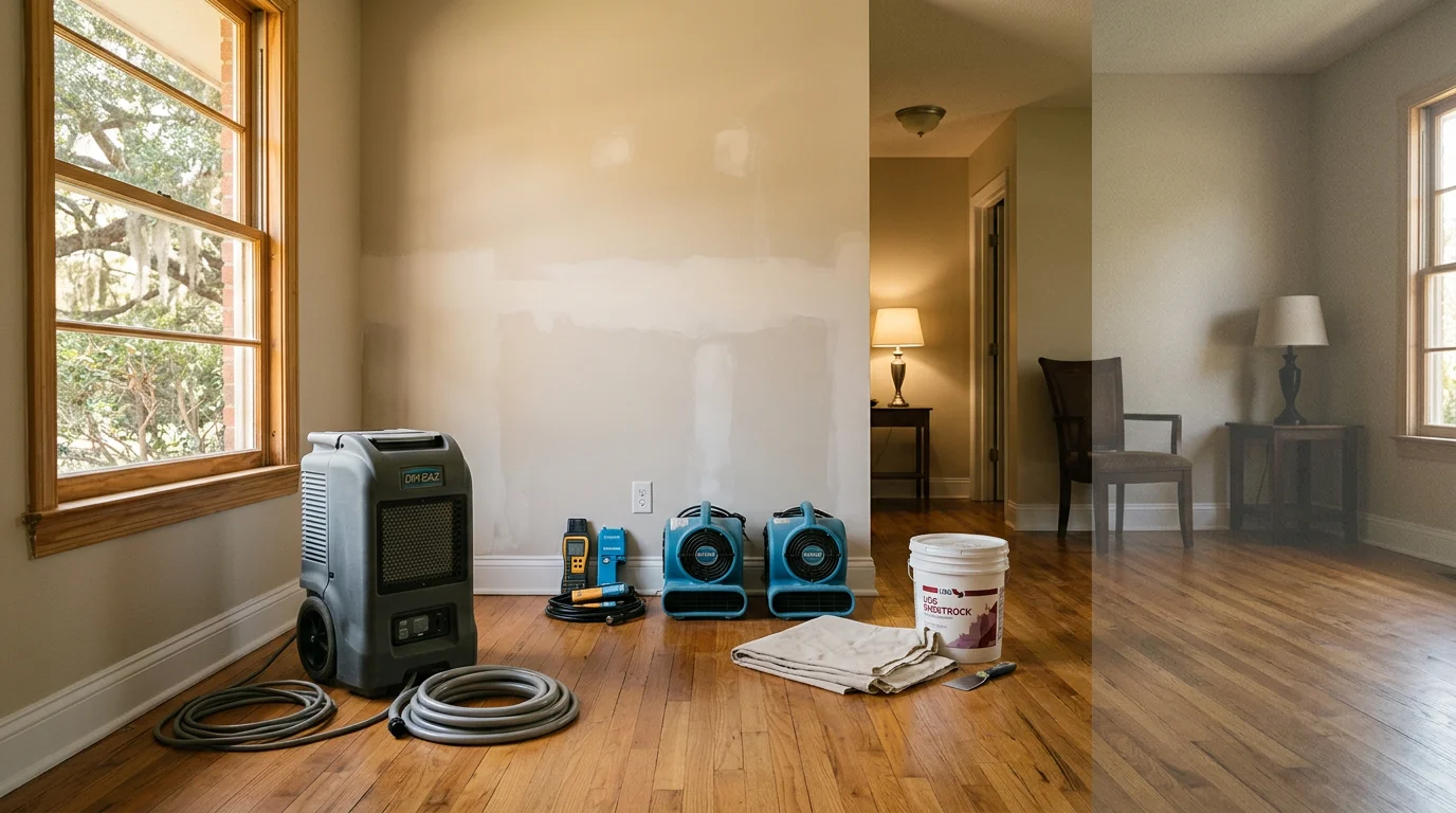Carpenter repairing water-damaged drywall in a Ruston, Louisiana home