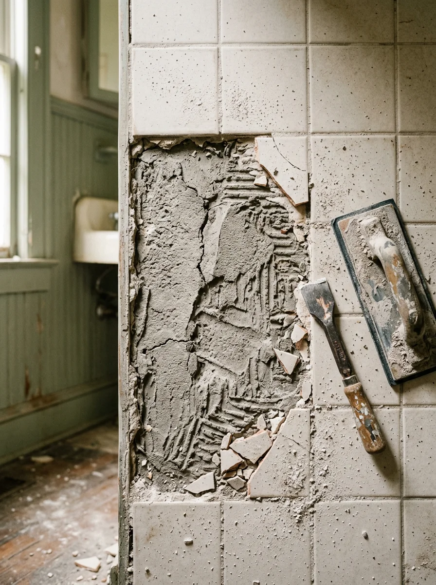 A tile mason replacing cracked ceramic floor tile in an older bathroom in a Calhoun, Louisiana home, with original thick-bed mortar substrate exposed.