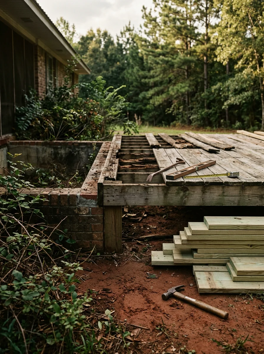 A carpenter inspecting and replacing rotted deck joists on a low-clearance deck behind a country home in Lincoln Parish near Choudrant, Louisiana.
