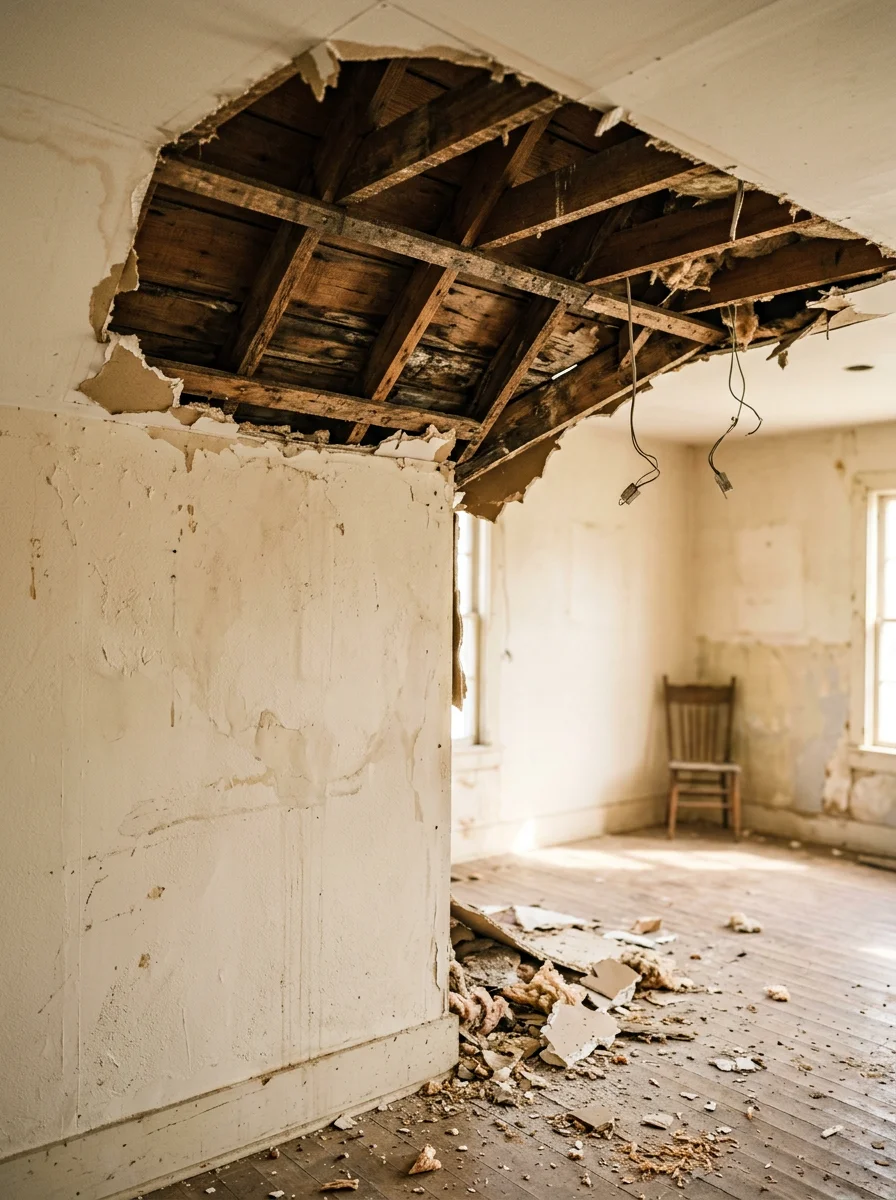 A home repair technician removing water-damaged ceiling drywall in a rural Union Parish home near Downsville, Louisiana, with exposed ceiling joists visible above.