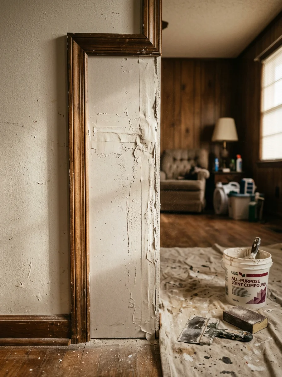 A home repair technician patching and finishing interior drywall in an older owner-occupied home in Farmerville, Louisiana, with original 1970s-era trim visible.