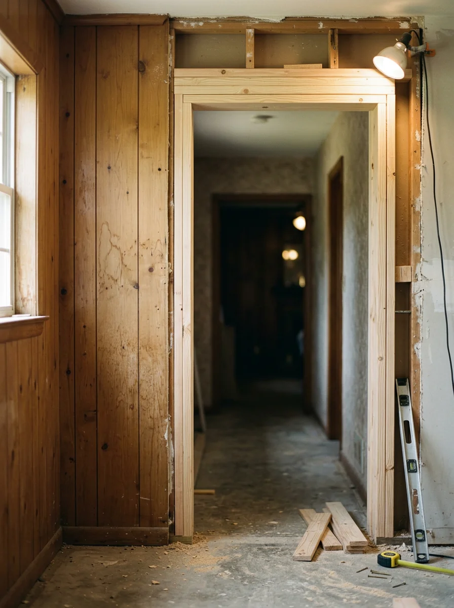 A carpenter installing a wider door frame for a handicap accessible bathroom remodel in a mid-century ranch home in Monroe, Louisiana.