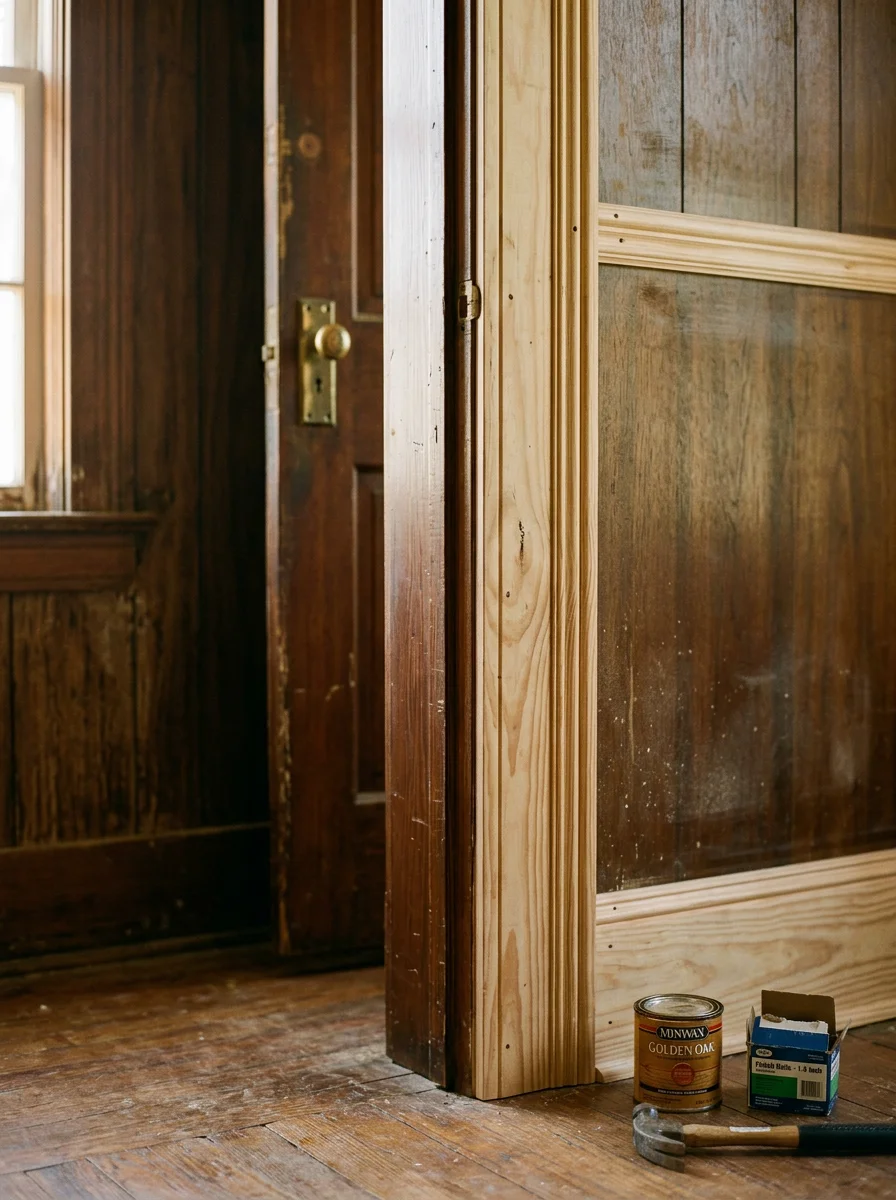 Close-up of a finish carpenter installing new door casing trim in a Ruston, Louisiana home with original 1970s-era interior woodwork.