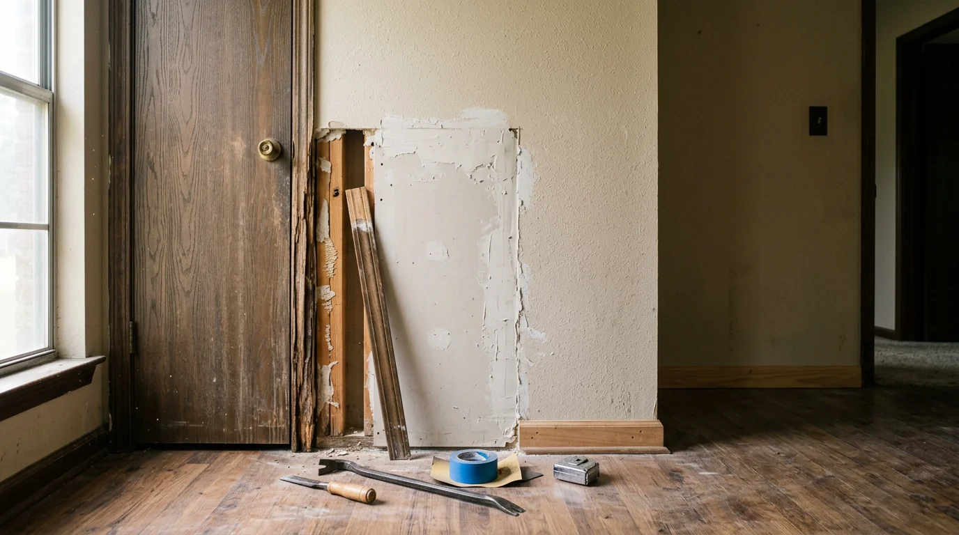 A carpenter repairing a swollen interior door frame inside a 1980s single-family home in Ruston, Louisiana, with exposed wood trim and drywall visible.
