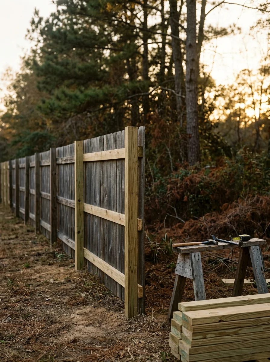 A worker repairing a wood perimeter fence on an acreage property in Sterlington, Louisiana, replacing rotted posts with pressure-treated lumber.