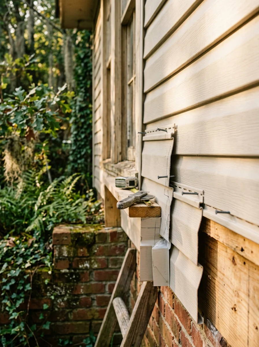 Close-up of a siding repair on a single-family home in West Monroe, Louisiana, showing new vinyl panels being fitted along the exterior wall.