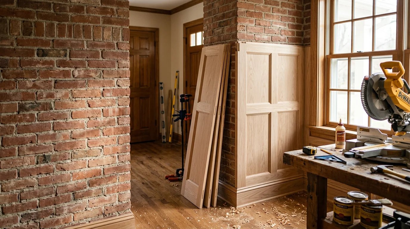 Custom built-in wood shelving installed in a Ruston, Louisiana home, showing tight corner fitting and clean wood grain detail. The piece runs floor to ceiling along an interior wall of a brick ranch-style home.