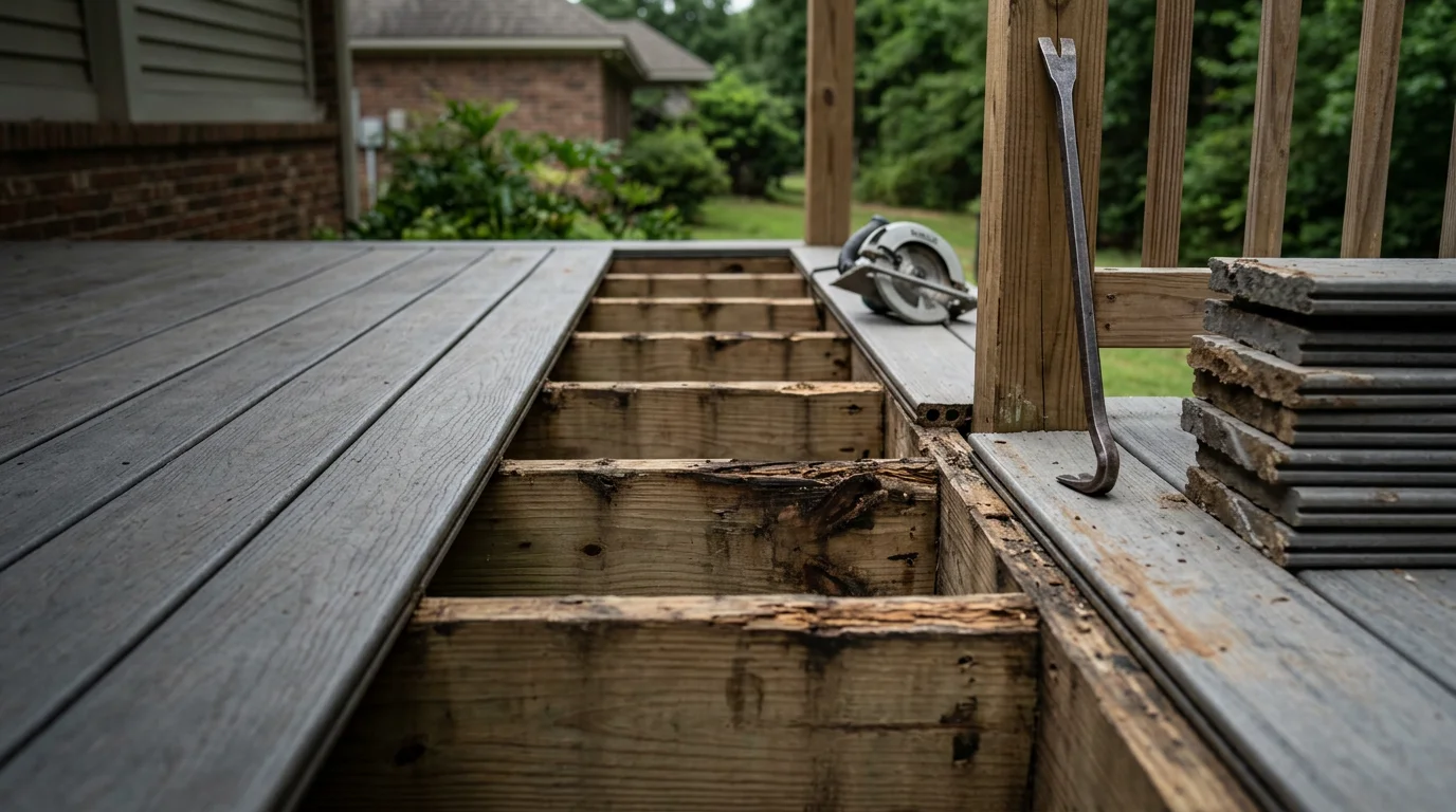A repaired wood deck on a Ruston, Louisiana home with replaced boards and secured railings. The structure shows fresh lumber integrated into the existing frame following rot and storm damage repair.