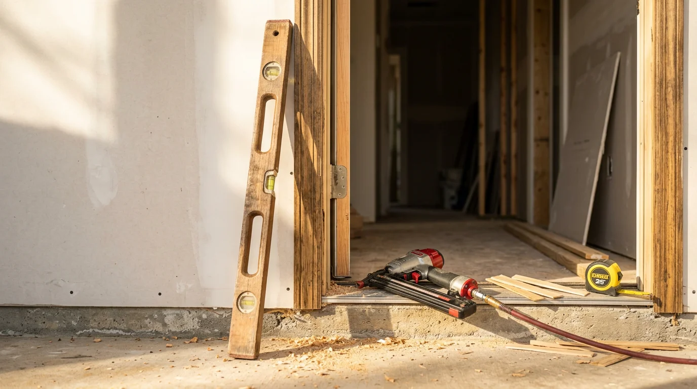 A properly hung exterior door on a wood-frame home in Ruston, Louisiana, with a flush fit against the frame and no visible gaps along the edges. A carpenter checks the door swing and latch alignment during a residential door installation.