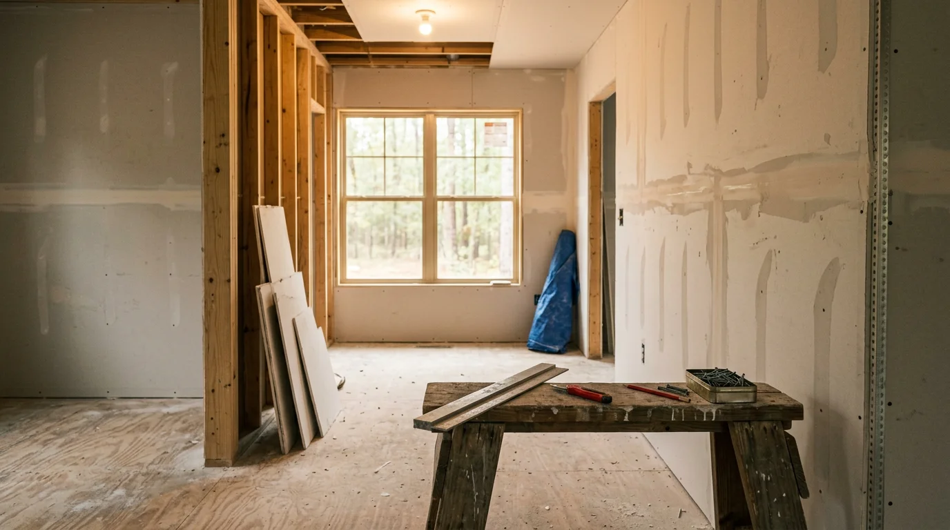 A freshly installed and finished drywall wall inside a Ruston, Louisiana home, showing smooth seams and a paint-ready surface. The room is well-lit, with clean corners and no visible tape lines or fastener marks.