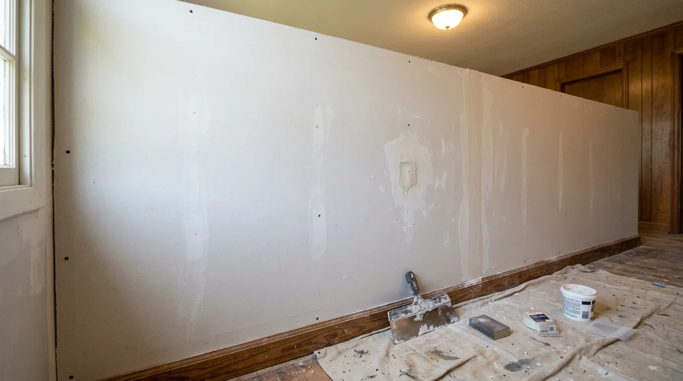 A freshly repaired and smoothed drywall wall inside a Ruston, Louisiana home, with texture blended to match the surrounding surface. The repaired area shows no visible seams or patching marks, ready for paint.