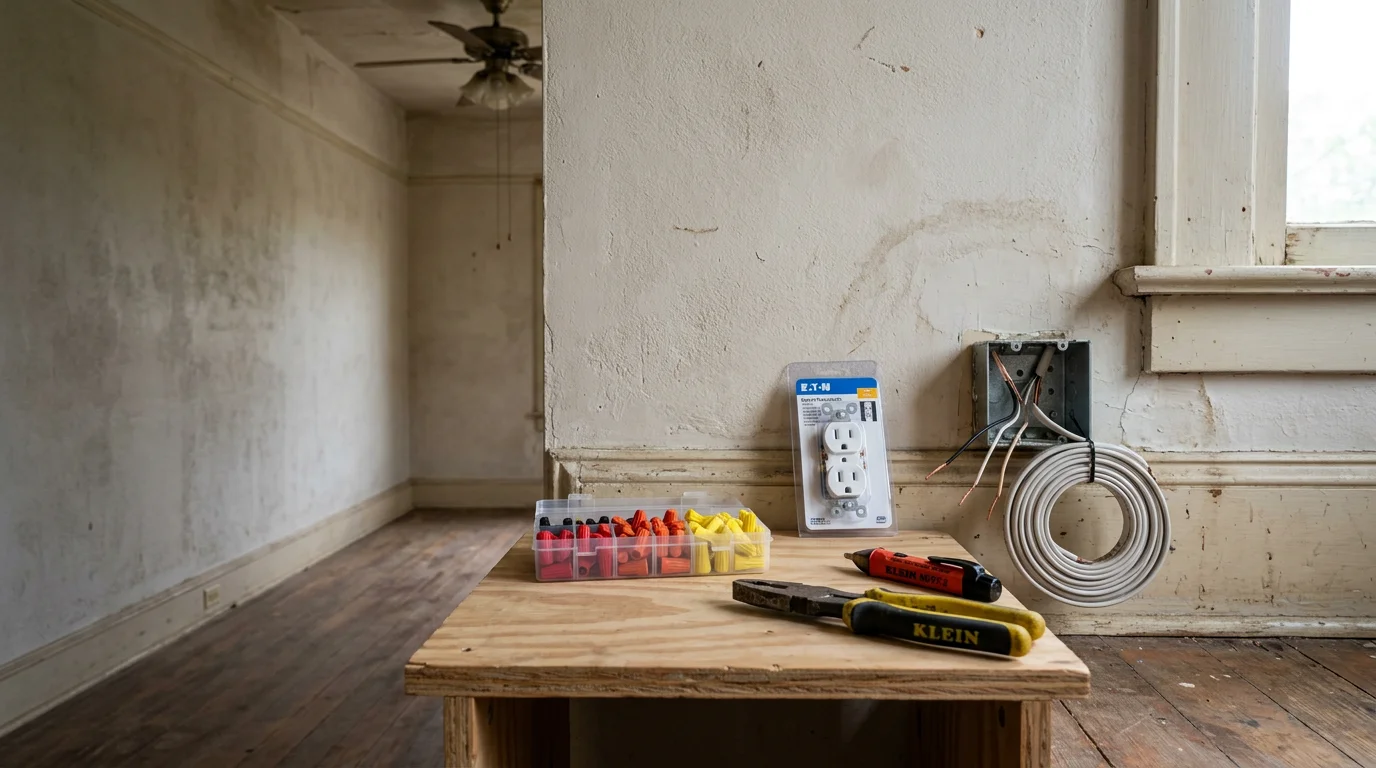 A repaired electrical outlet on an interior wall of a Ruston, Louisiana home, with clean cover plate and no visible damage. A handyman's tools rest nearby on a work surface.