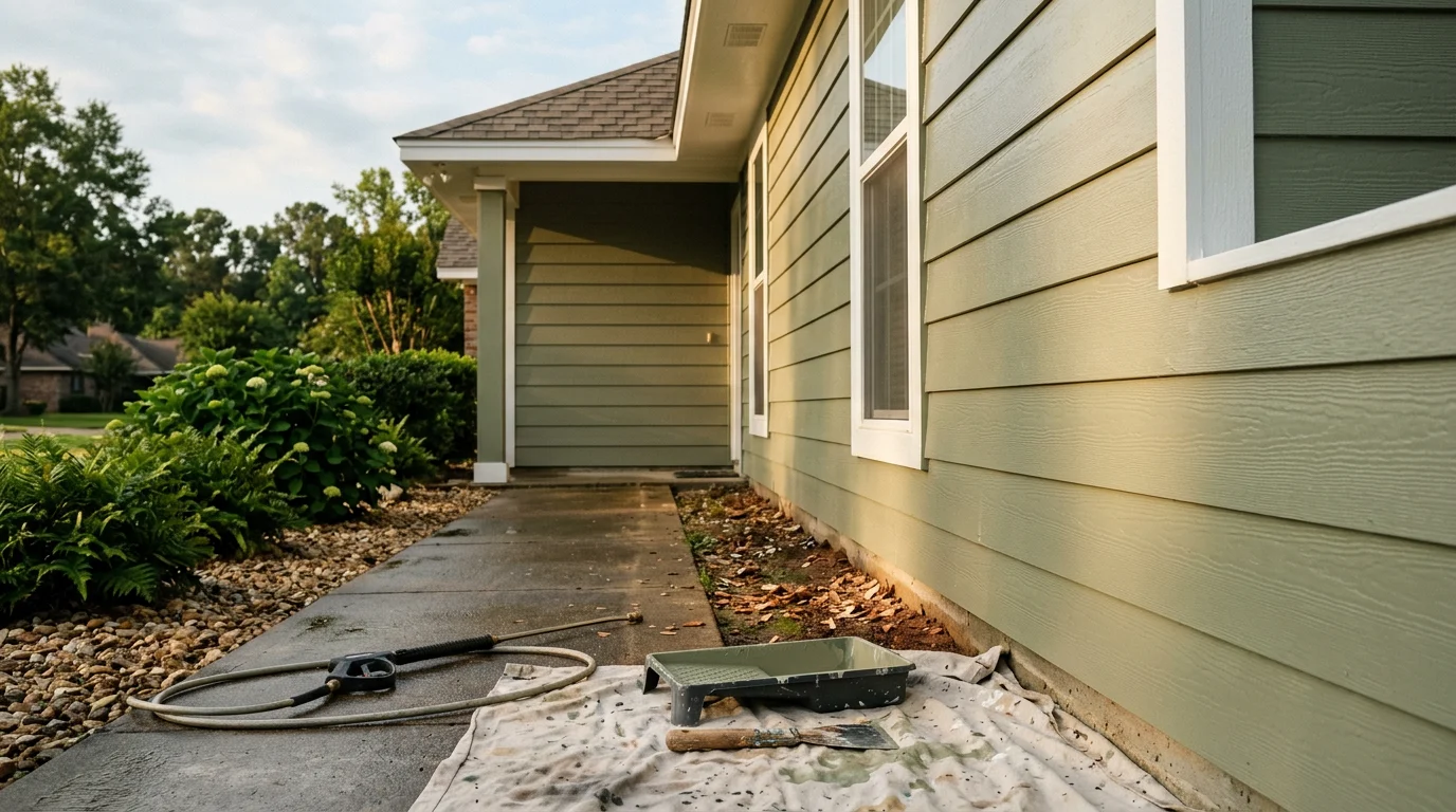 A freshly painted home exterior in Ruston, Louisiana showing clean trim lines and smooth siding after professional surface preparation and painting. The finished result shows even color coverage on wood siding with no peeling or blistering.