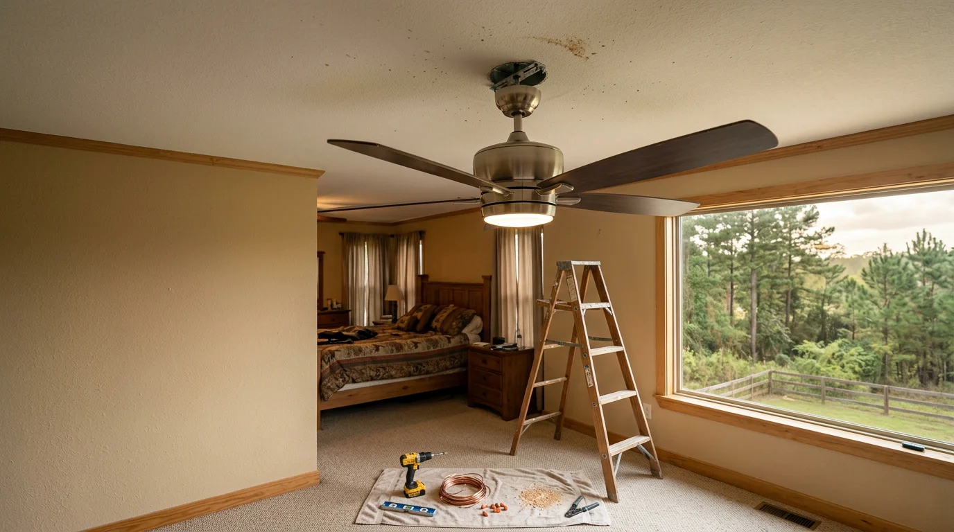 A ceiling fan mounted and running in a residential living room in Ruston, Louisiana, with clean wiring connections and level blades. The room shows a typical North Louisiana home interior with the fan centered on the ceiling above the main seating area.