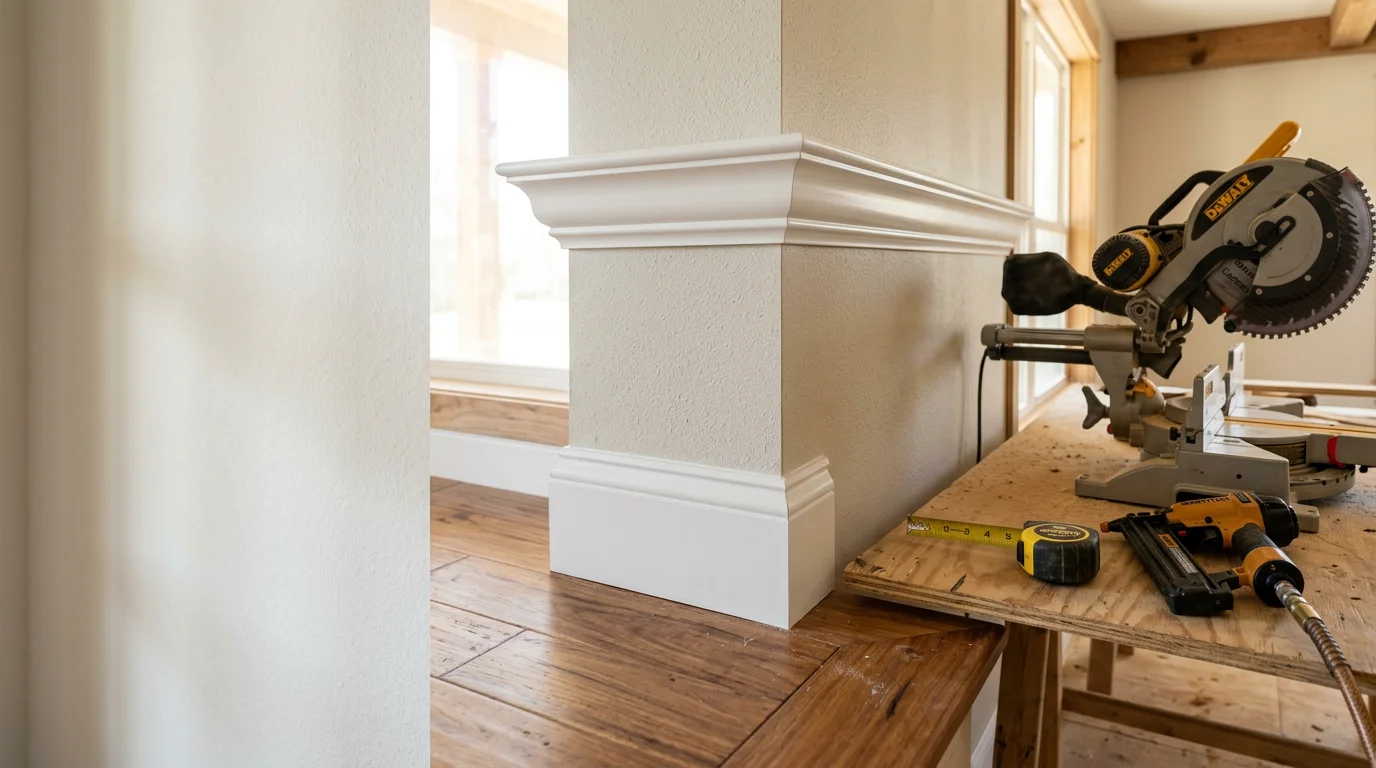 Freshly installed white crown molding and baseboards in a Ruston, Louisiana home interior, showing tight corner joints and clean trim lines along the ceiling and floor.