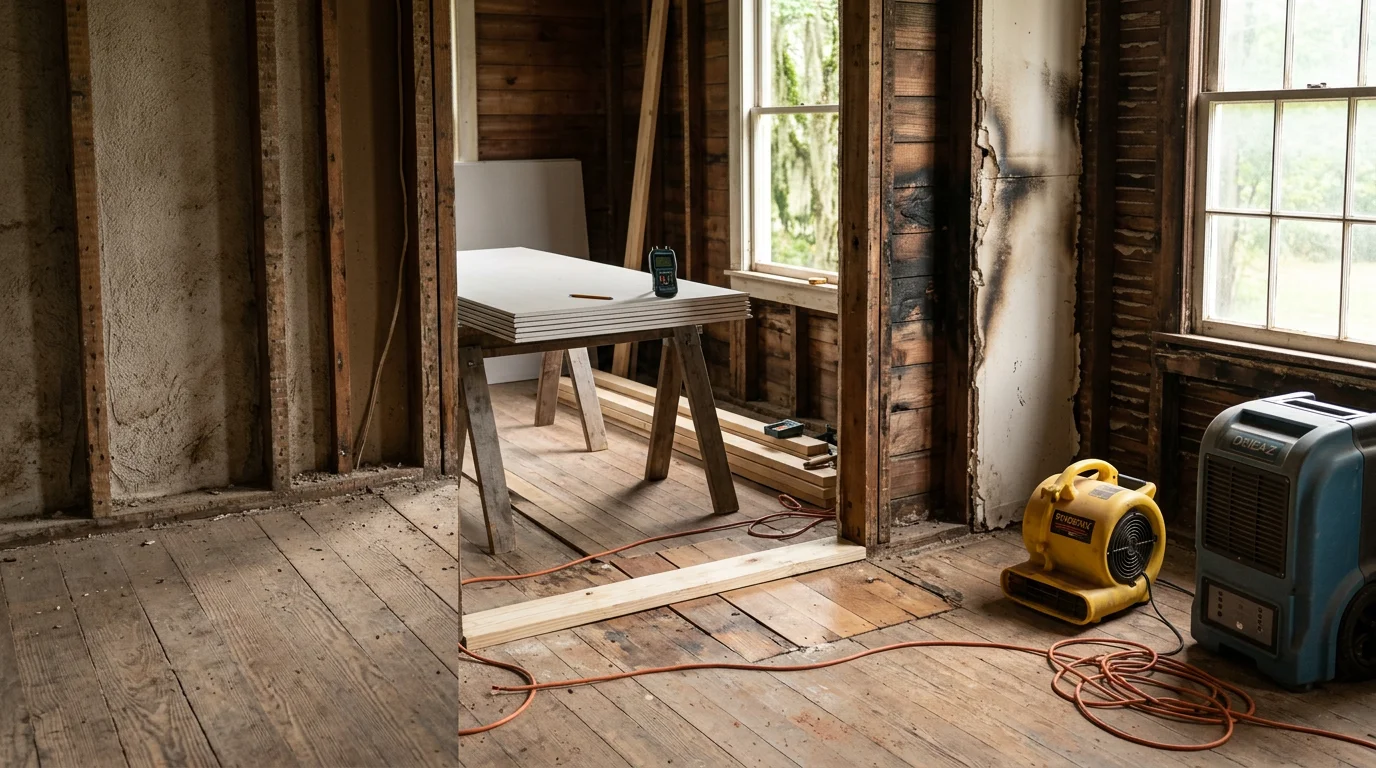 Interior of a Ruston, Louisiana home showing fire and soot damage to walls and ceiling with debris cleared for structural repair work. A contractor inspects charred wood framing in preparation for rebuilding.