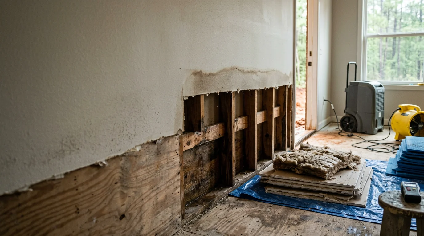 Interior of a flood-damaged home in Ruston, Louisiana showing extracted standing water, removed baseboards, and drying equipment placed along saturated walls. A water damage restoration technician assesses moisture levels in the subfloor during the cleanup process.