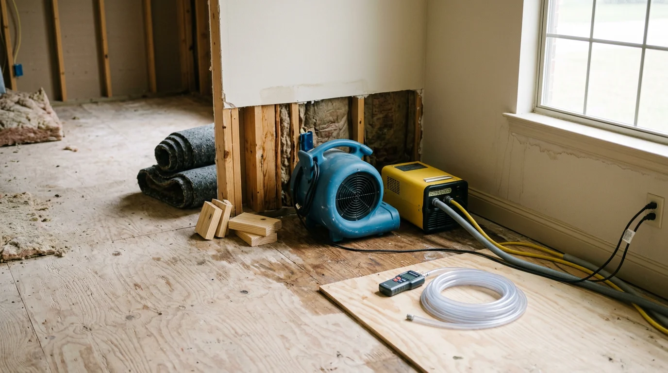 Interior of a Ruston, Louisiana home showing flood-damaged flooring and lower drywall removed down to the studs during professional flood restoration. A clean, dry wall cavity is visible, ready for rebuilding.