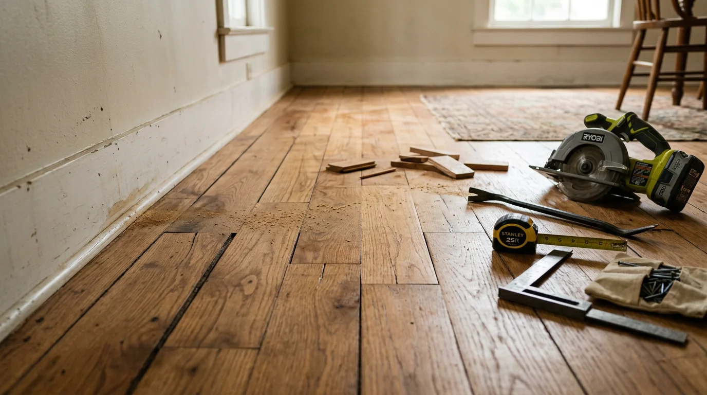 A repaired wood floor in a Ruston, Louisiana home showing smooth, even boards with no gaps, cupping, or soft spots. A handyman kneels at the edge of the repair area, checking the surface level near the baseboard.