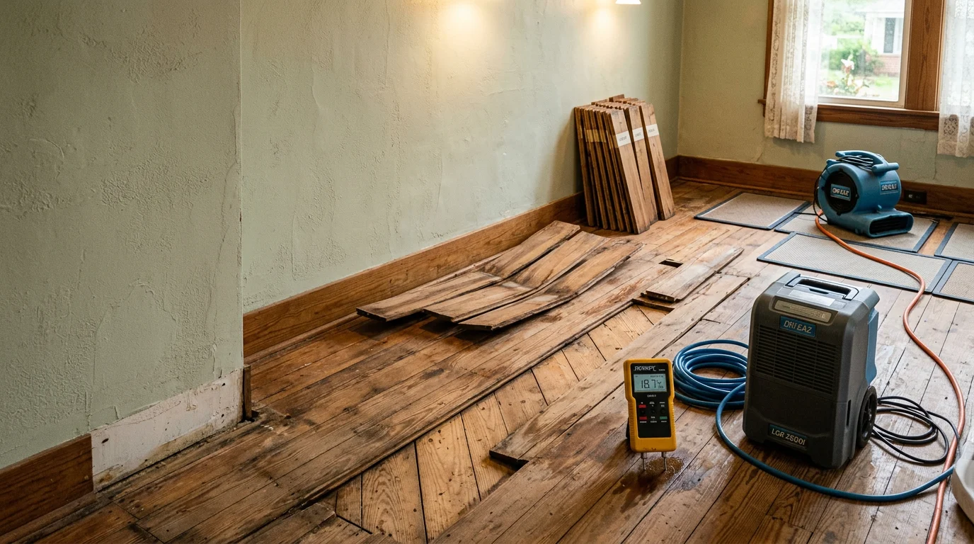 Freshly installed flooring in a north Louisiana home, showing a clean, level surface with properly finished edges along the baseboard. The room reflects a residential repair project typical of older homes in the Ruston area.
