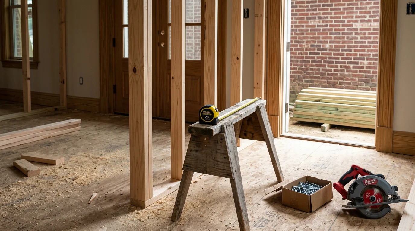 A residential home in Ruston, Louisiana undergoing general construction repair work, with framing and structural carpentry visible on the exterior. The surrounding neighborhood reflects the brick ranch-style and traditional home styles common throughout Lincoln Parish.