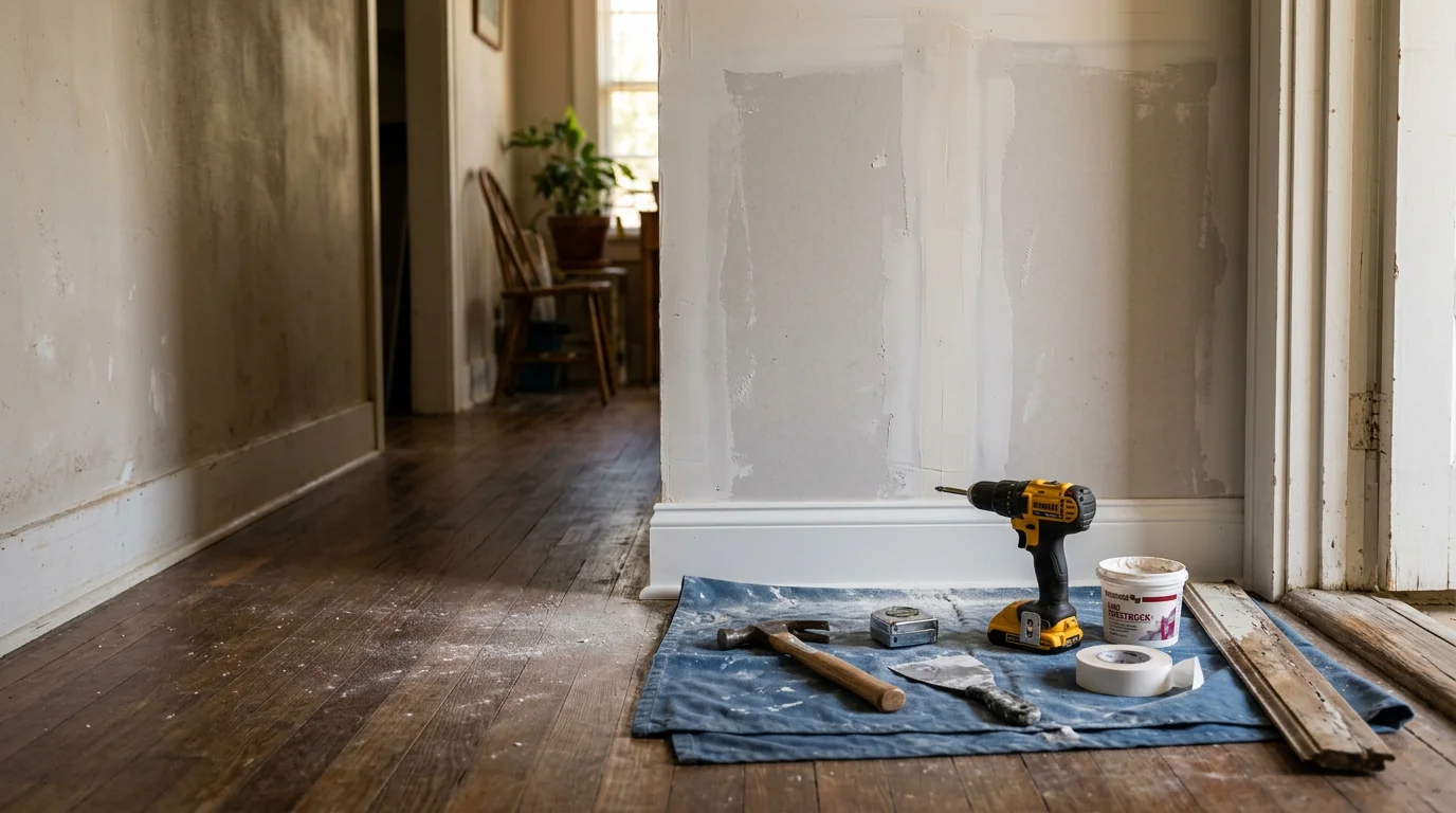 A handyman repairing interior trim and drywall inside a single-family home in Ruston, Louisiana. The work area shows careful, clean craftsmanship on a wall repair typical of older homes in Lincoln Parish.