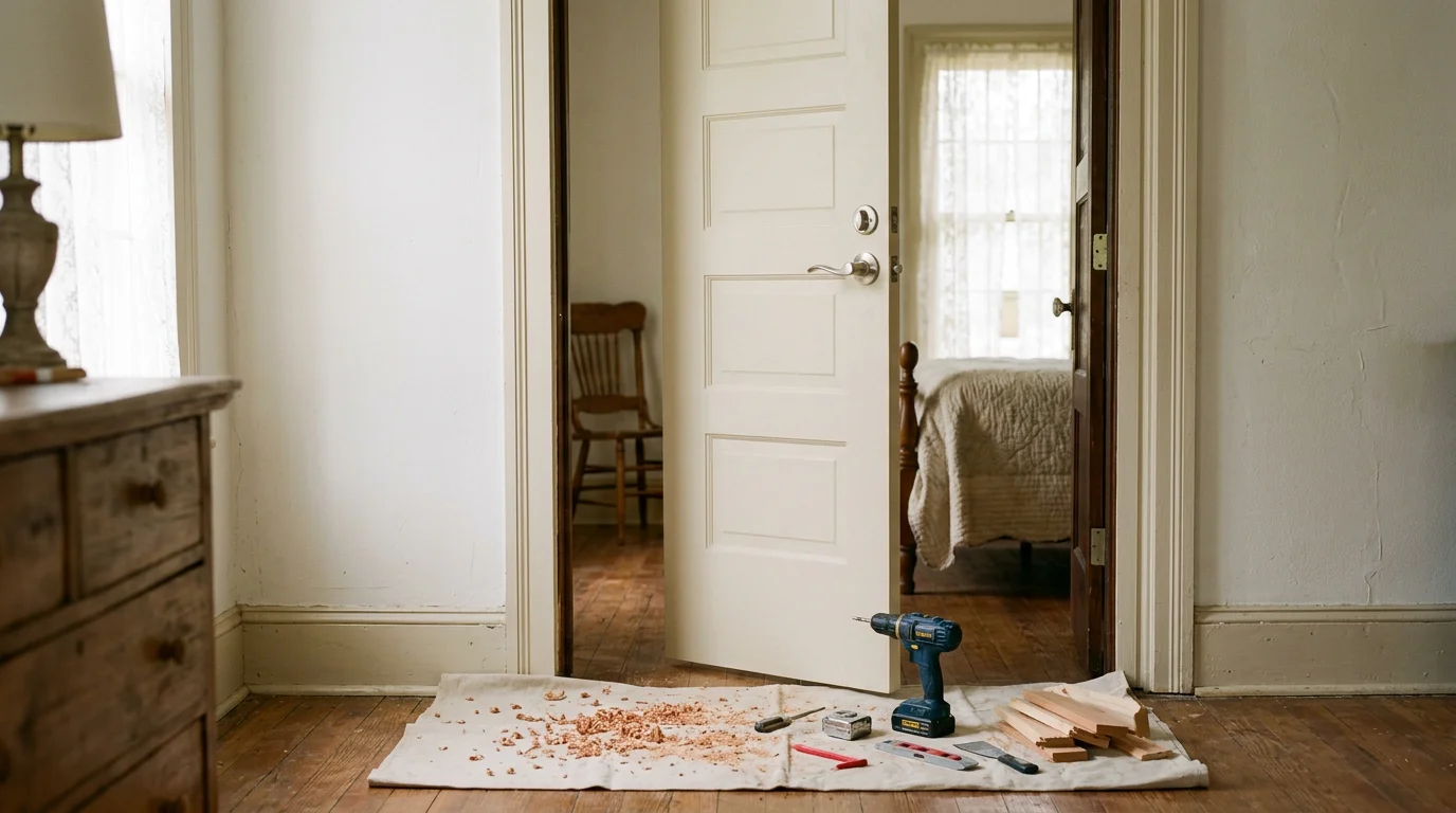 A handyperson completing an interior trim repair inside a Ruston, Louisiana home, with tools and materials visible on a clean work surface. The finished repair shows tight, even joints along the wall trim in a well-lit residential room.