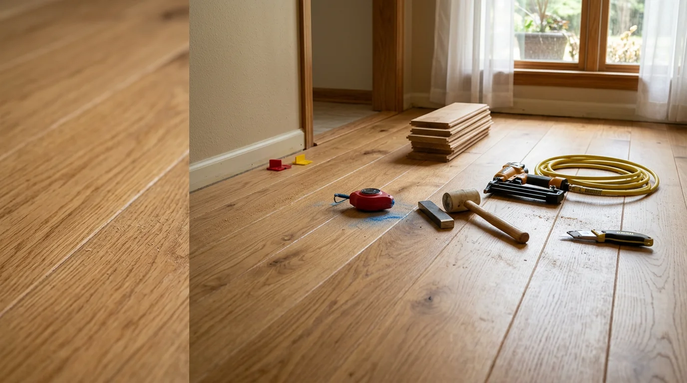 Freshly installed flooring in a Ruston, Louisiana home, showing clean even planks laid across a residential living room floor. A handyman from Axiom Home Repair LLC works near the wall edge during installation.