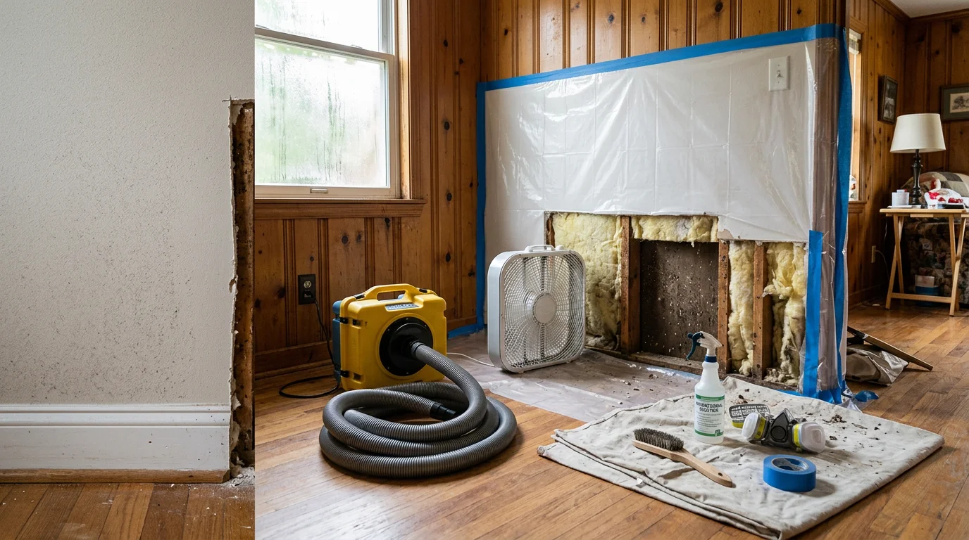 A technician from Axiom Home Repair LLC cleaning mold from a water-damaged interior wall in a Ruston, Louisiana home. Containment plastic sheeting is visible in the background, with affected drywall and baseboards exposed for treatment.