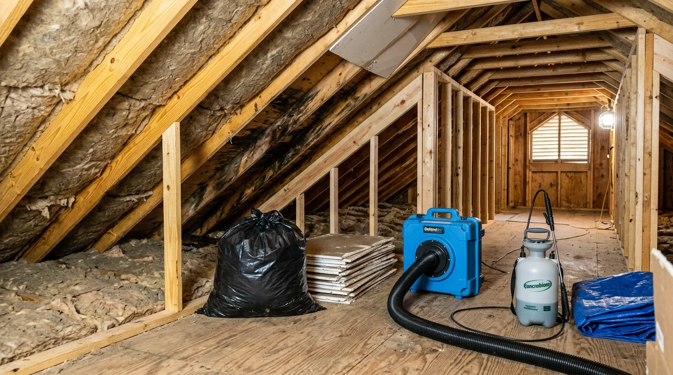 Interior wall in a Ruston, Louisiana home with mold-damaged drywall removed, exposing affected wood framing during mold damage restoration. A contractor inspects the cavity before new materials are installed.