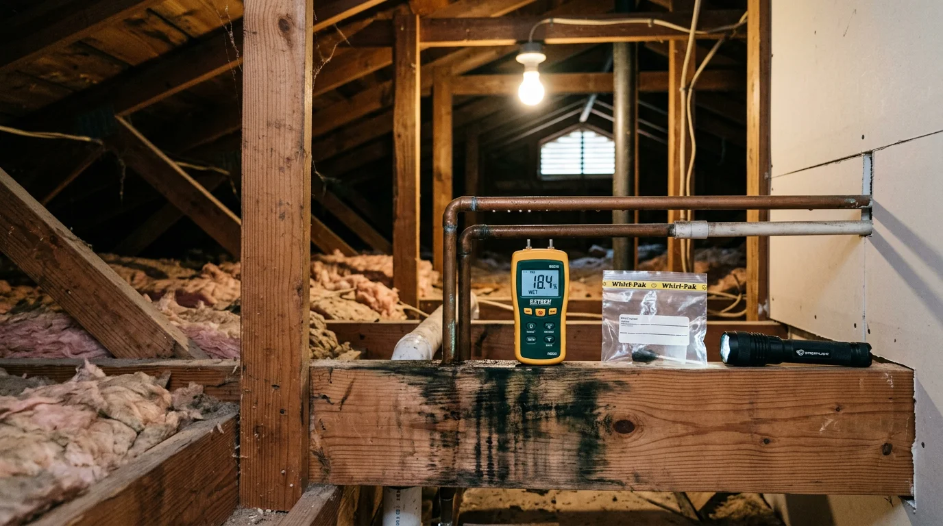 A home inspector examining a crawl space beneath a Ruston, Louisiana home for signs of mold growth and moisture damage. Visible moisture staining on wood framing is present along the foundation wall.