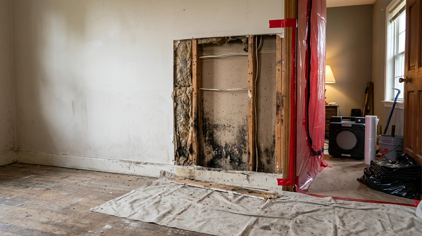 Interior wall of a Ruston, Louisiana home with mold-damaged drywall removed and framing exposed during professional mold mitigation work. Plastic containment sheeting is visible in the background, separating the work area from the rest of the house.