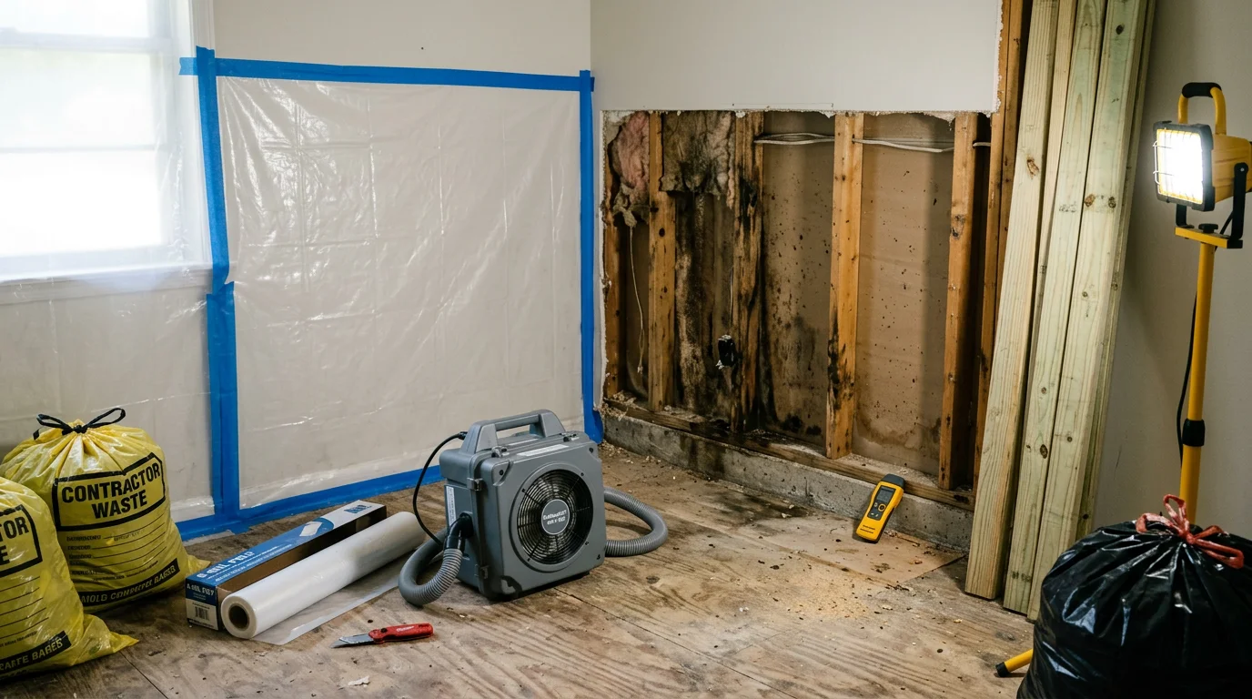 A Ruston, Louisiana home interior showing removed drywall and treated wall framing after professional mold remediation. Cleaned structural members are visible where water-damaged and mold-affected material has been properly cut out and cleared.