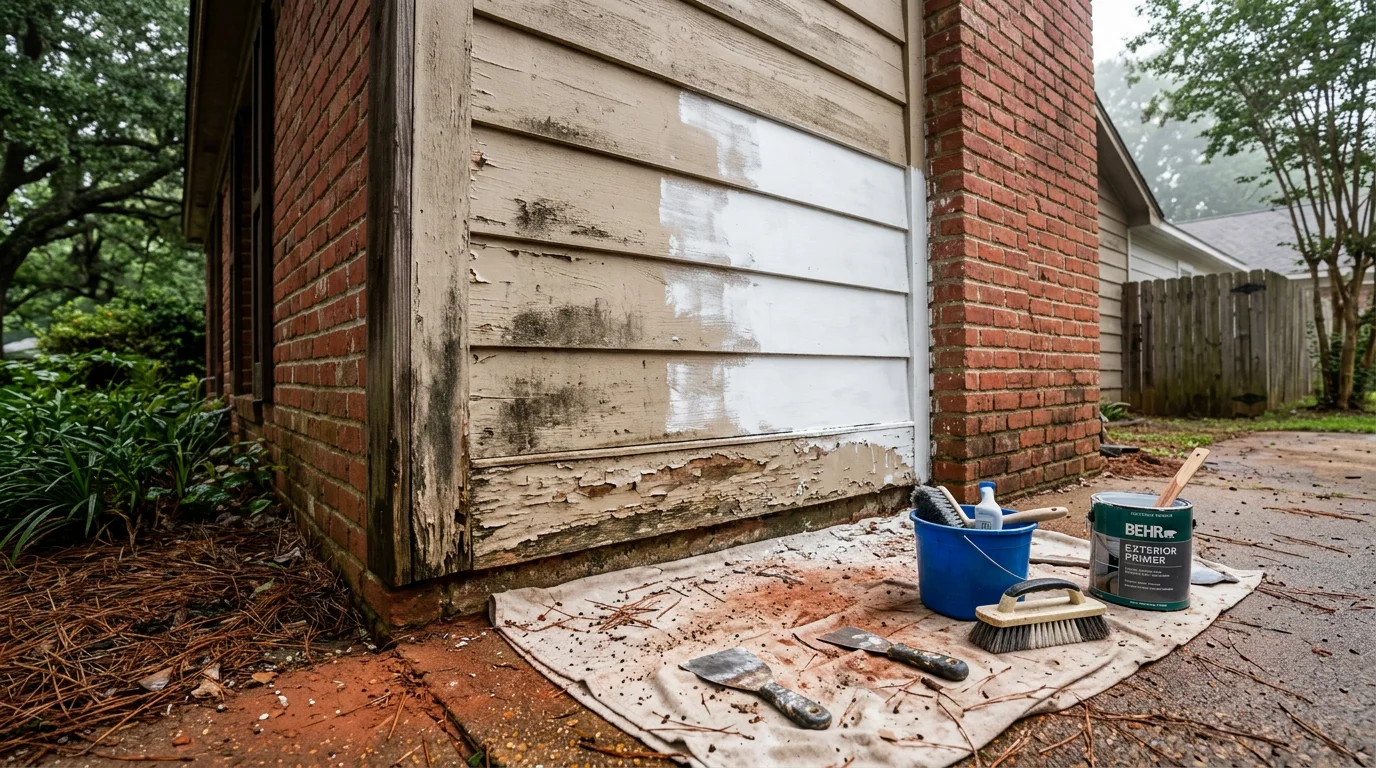 Freshly painted exterior of a brick ranch-style home in Ruston, Louisiana, with clean white trim and smooth, even coverage on the siding. A painter applies a second coat to the wood fascia board under a partly cloudy North Louisiana sky.
