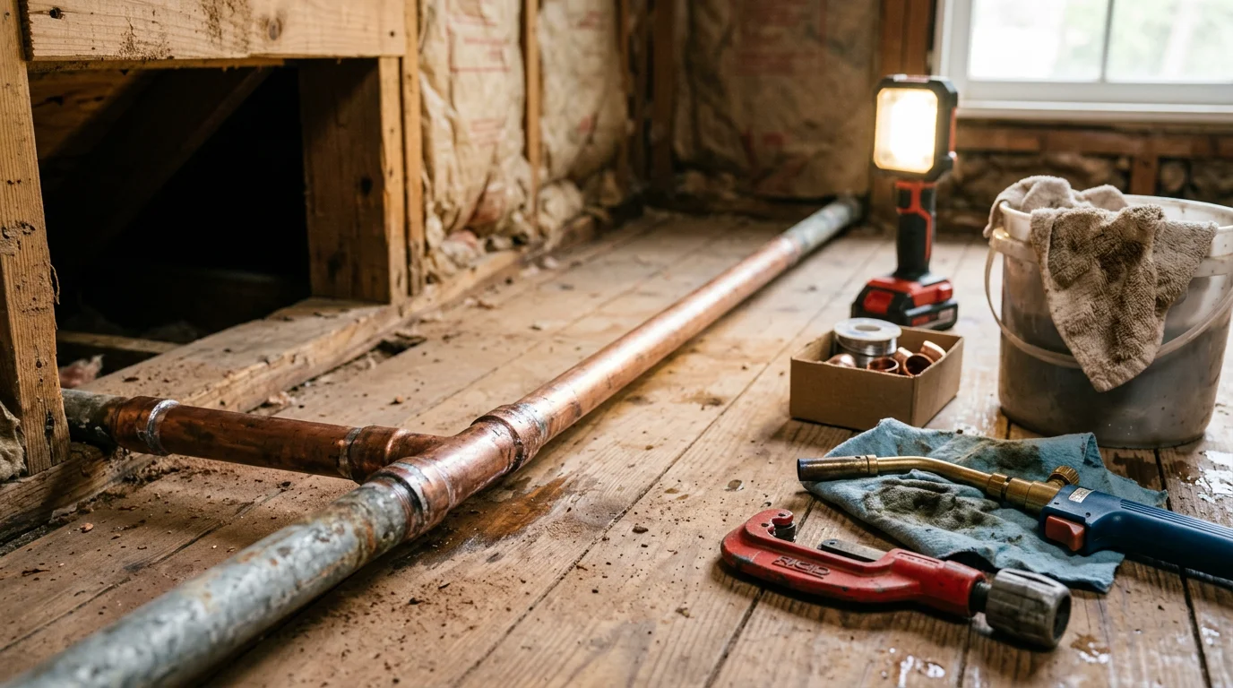 A plumber inspecting exposed pipes beneath a kitchen sink in an older Ruston, Louisiana home. Corroded galvanized supply lines are visible alongside newer copper fittings during a repair assessment.
