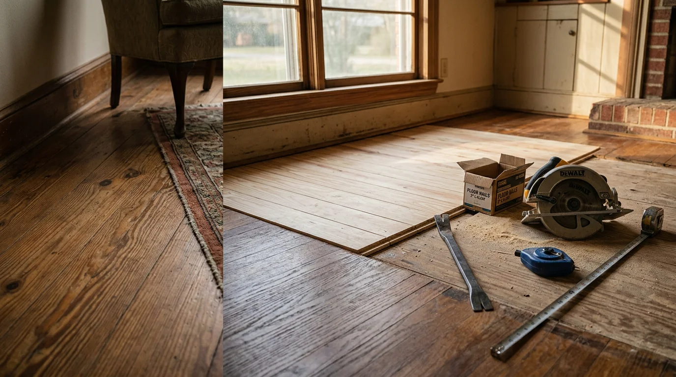 A repaired wood floor inside a Ruston, Louisiana home showing flat, solid boards with no cupping or soft spots. The finished surface is even and ready for everyday use.