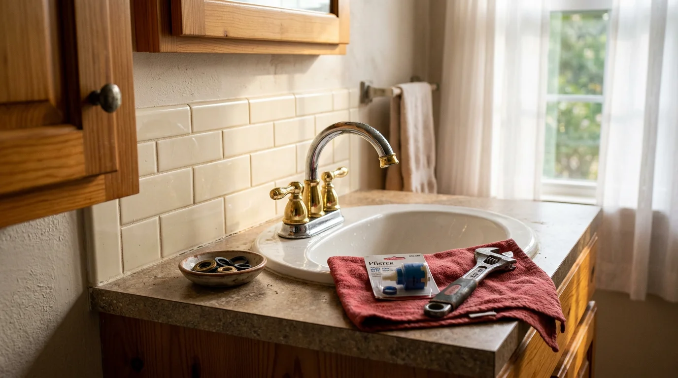 A repaired bathroom faucet with clean, steady water flow in a Ruston, Louisiana home. A handyman from Axiom Home Repair LLC works on the fixture beneath a sink cabinet.