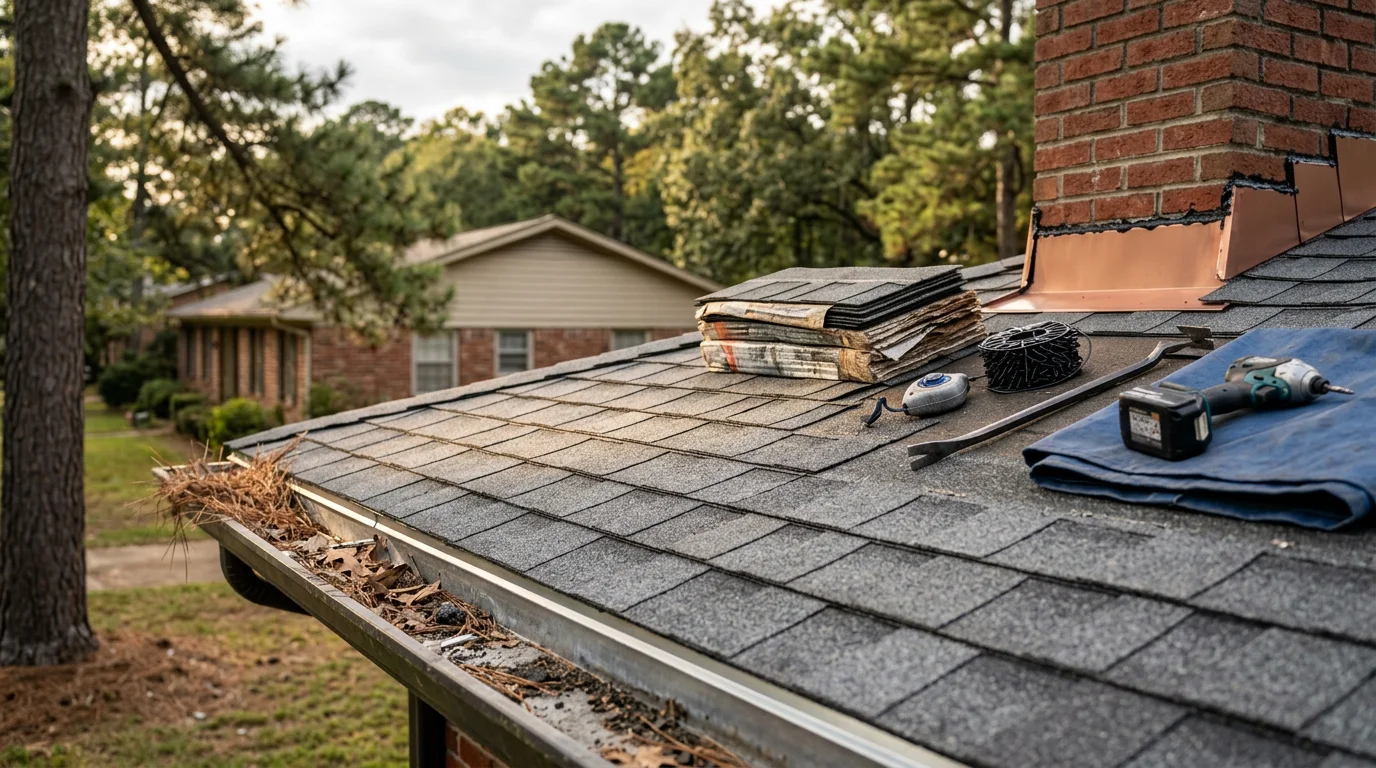 A repaired residential roof on a single-family home in Ruston, Louisiana, showing replaced shingles and sealed flashing after storm damage. Mature pine trees are visible in the background, typical of North Louisiana neighborhoods.