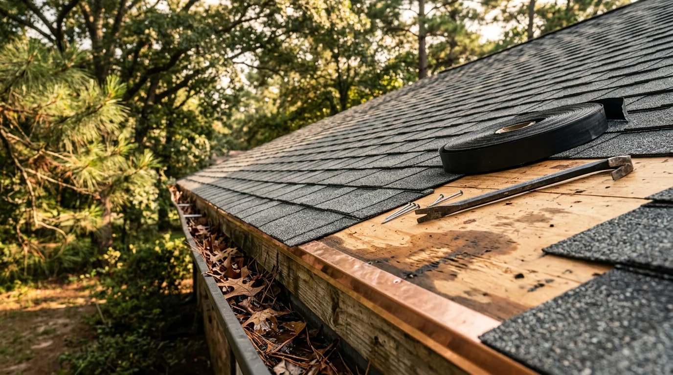 A residential roof in Ruston, Louisiana showing repaired shingles and sealed flashing after storm damage. The completed repair is set against a typical North Louisiana neighborhood backdrop with mature pine and oak trees.