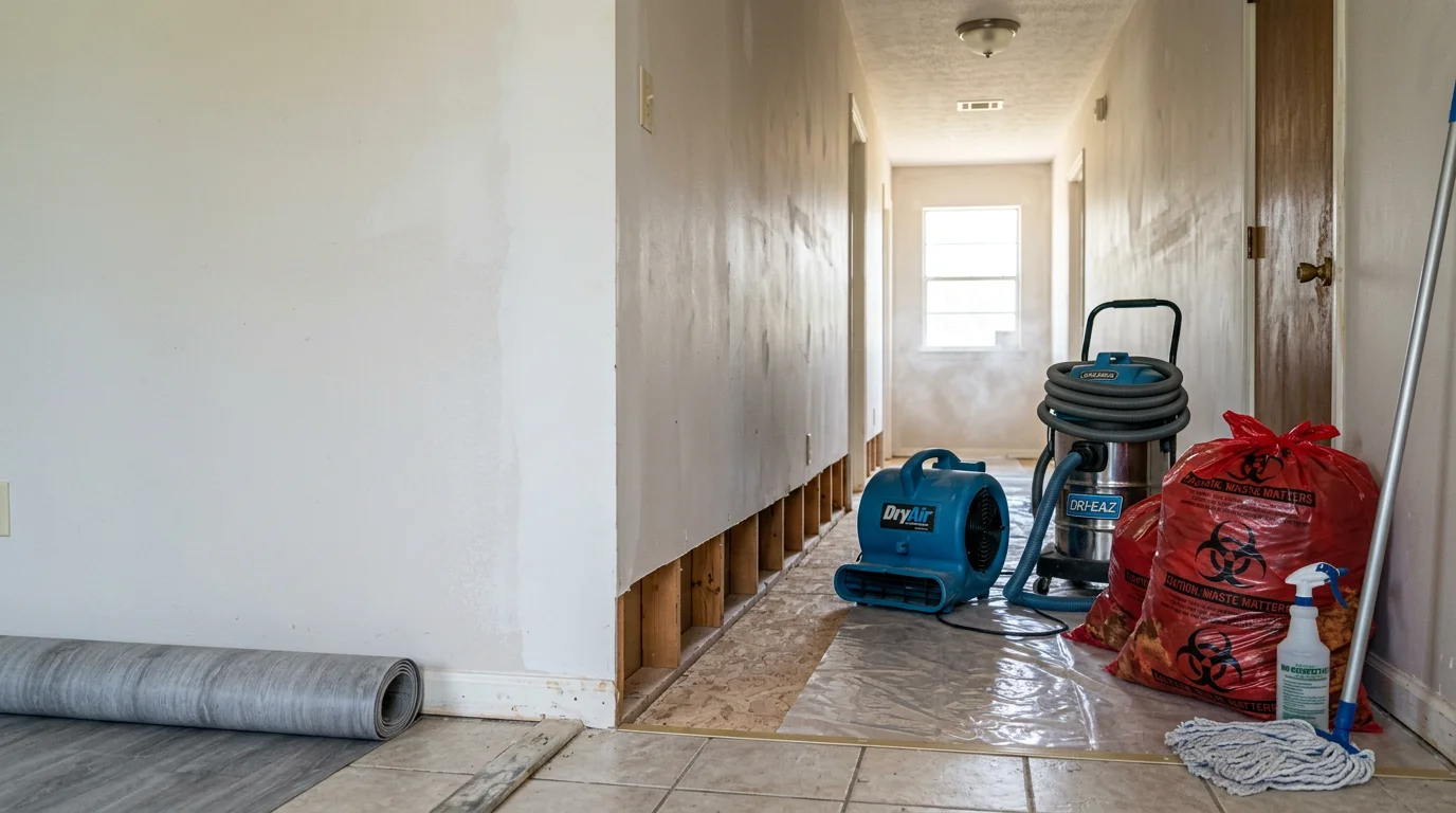 A Ruston, Louisiana home bathroom showing a cleaned and dried floor after professional sewage backup extraction and disinfection. The restored space shows no visible contamination or water damage remaining.