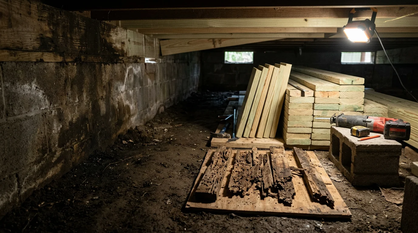 Repaired floor joists and sill plate framing visible in the crawl space beneath a Ruston, Louisiana home. New structural lumber has been sistered alongside the existing framing to restore floor support.