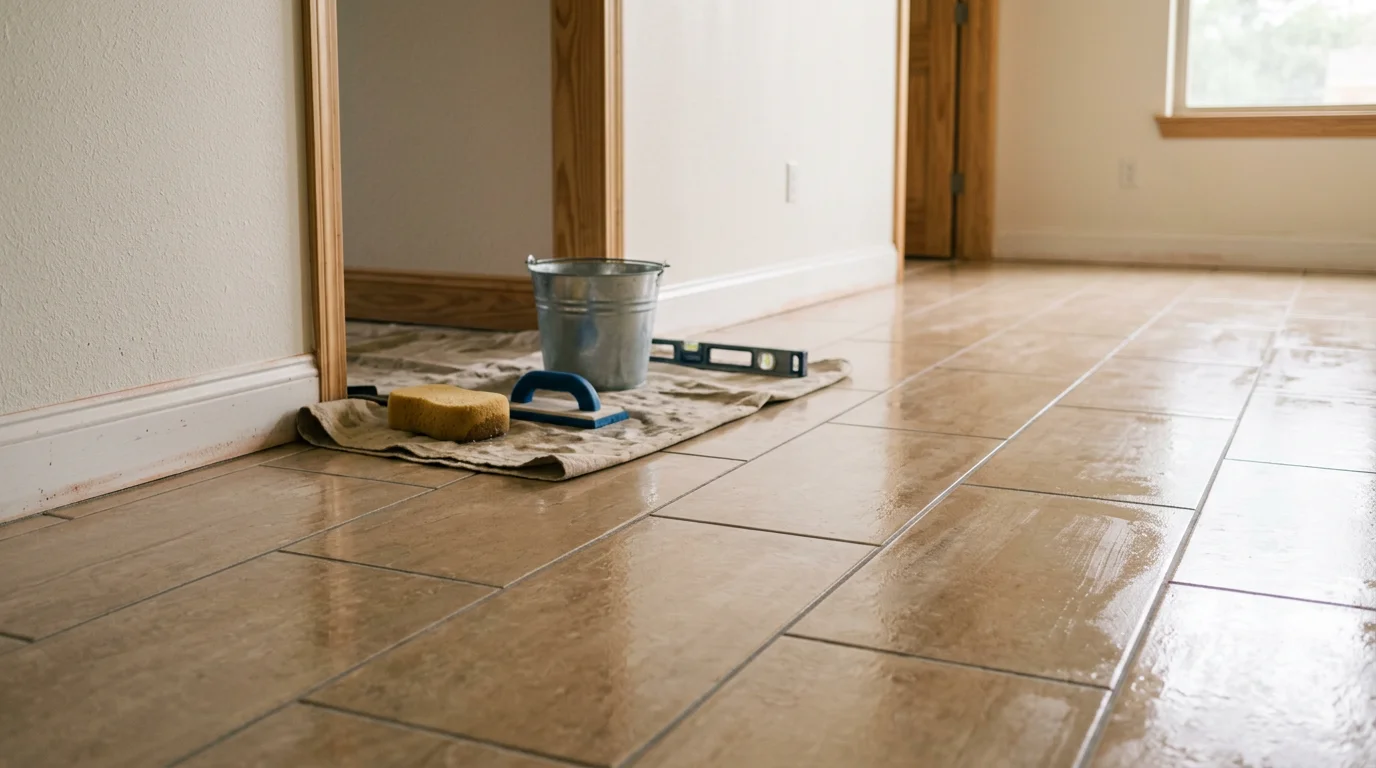 Freshly installed ceramic tile floor in a Ruston, Louisiana bathroom with clean grout lines and a tiled shower surround. A handyman from Axiom Home Repair LLC completing tile work in a north Louisiana home.