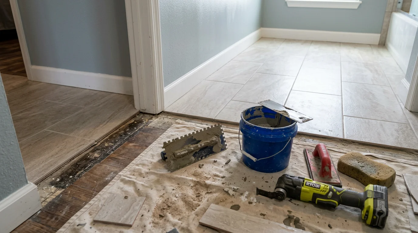 Freshly replaced floor tile in a Ruston, Louisiana home bathroom, showing clean grout lines and a level surface around the base of a vanity. The finished tile work reflects a careful replacement of cracked and water-damaged sections common in north Louisiana homes.