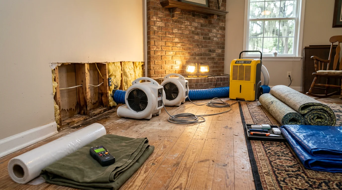 Interior of a Ruston, Louisiana home showing repaired drywall and restored flooring after water damage cleanup. The room shows clean, finished walls and solid subfloor work replacing materials that had been saturated by a plumbing leak.