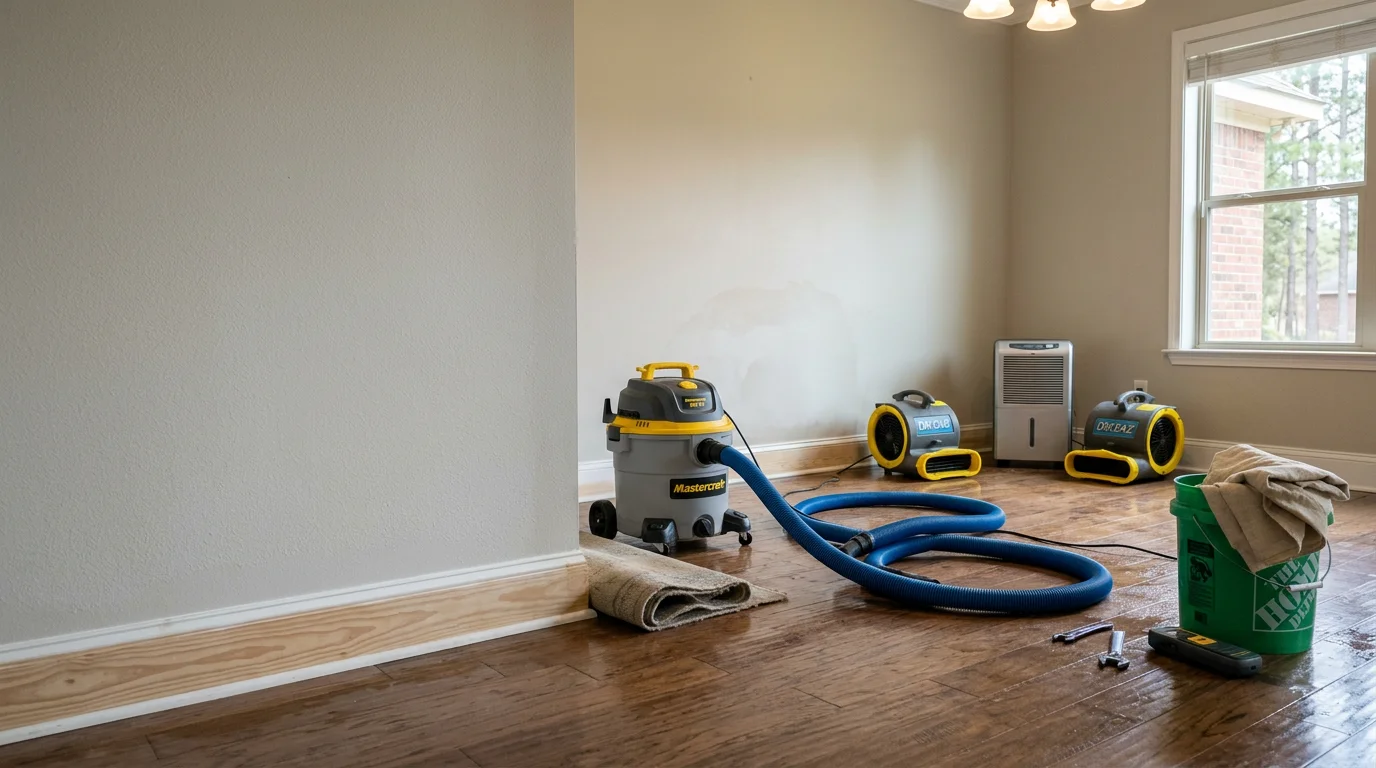 Interior of a Ruston, Louisiana home showing water removal in progress, with wet flooring and water-damaged baseboards visible along the wall. A technician works to extract standing water from a residential living area after storm-related flooding.
